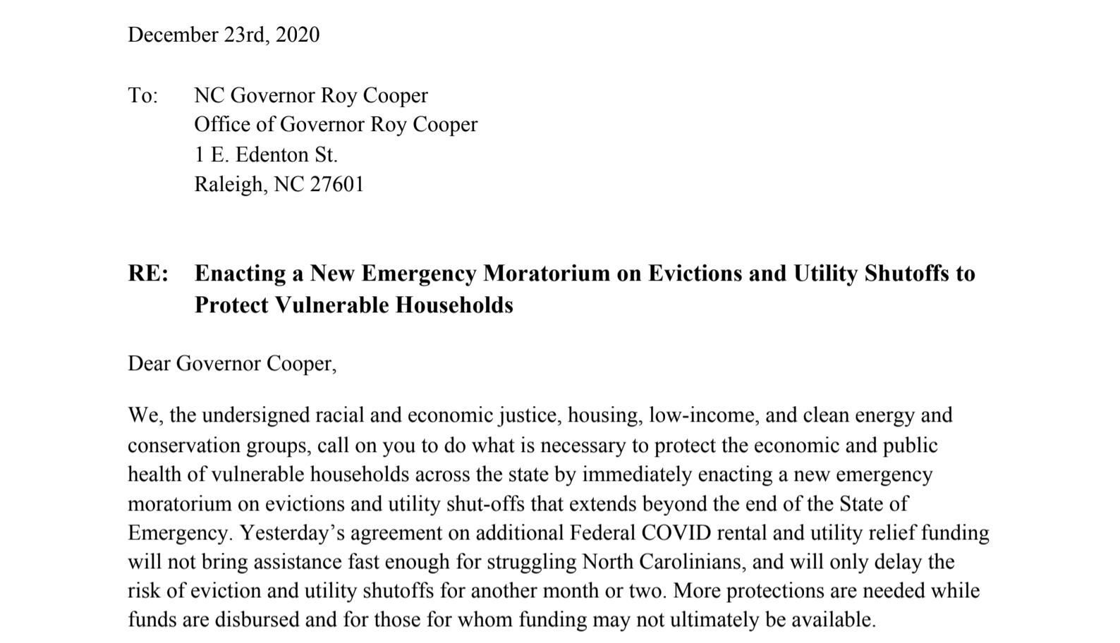 Letter to Governor Cooper – North Carolina Housing Coalition